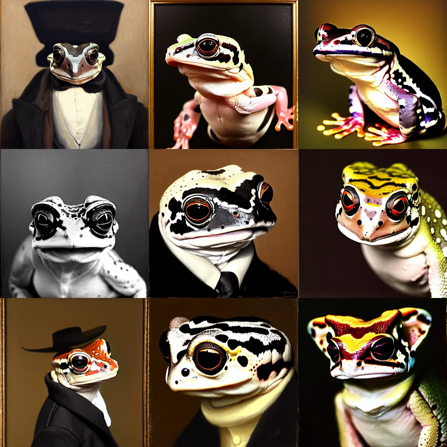 Prompt: a head - and - shoulders portrait of an amazon milk frog looking off camera wearing a black overcoat | tan vest | white ascot, an american romanticism painting, a portrait painting, cgsociety, soft focus, oil on canvas