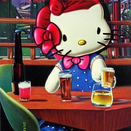 Image similar to Hello Kitty drinking beer, artwork by Earl Norem,