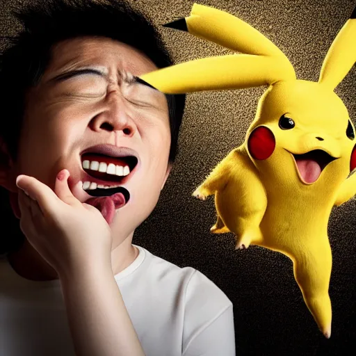 Image similar to portrait sneezing mid - sneeze midsneeze detective sneezing pikachu mid - sneeze wiping face with rag at a photoshoot studio lighting