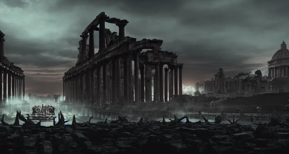 Prompt: a cinematic view of nokron, eternal city, elden ring, film, atmospheric perspective