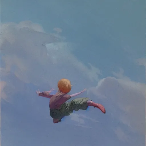 Image similar to atmospheric painting of a boy flying in the sky by moebius and john harris, atmospheric, concept art, saturation 2
