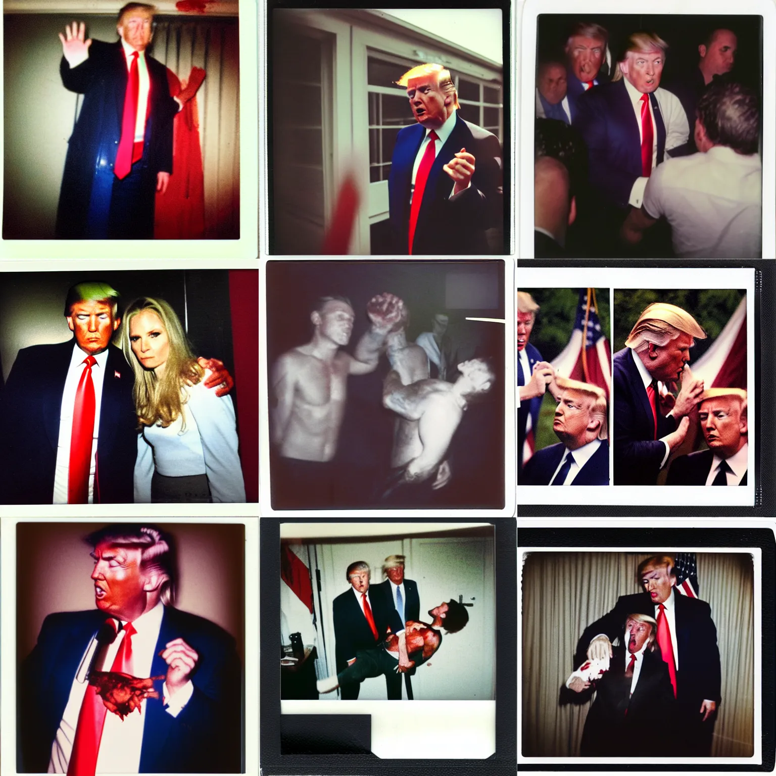 Prompt: polaroid photo of trump getting mangled, blood and bone