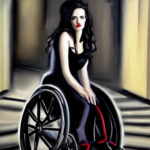 Image similar to modern stylized oil painting caricature of sansa eva green in wheelchair, cinematic dramatic lighting