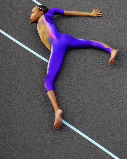 Prompt: stock photos of allyson felix, wearing a skin tight futuristic iridescent tracksuit, crouching at the 2 0 0 - meter starting line, hyperreal, she is sweating profusely