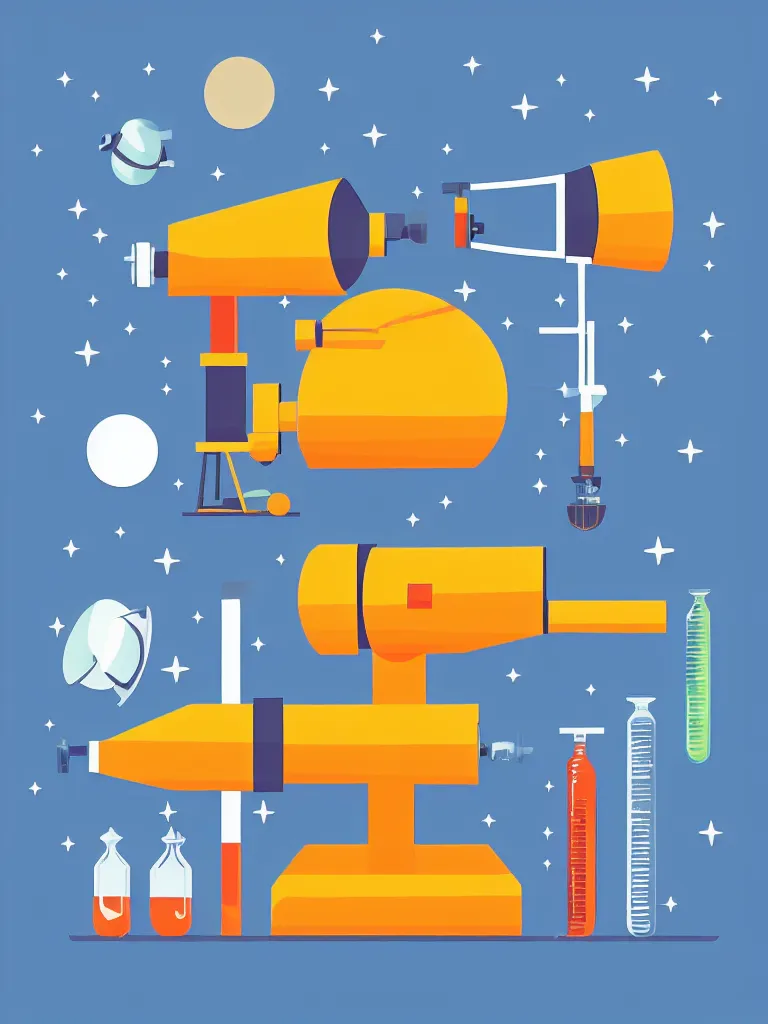 Image similar to editorial illustration scientific lab test tube telescope microscope spaceship, colorful modern, mads berg