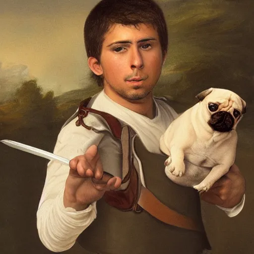 Image similar to self portrait, young white hispanic handsome man with short light brown hair and light skin and a 5 o clock shadow, holding a pug for a picture, fighting against 2 swordsmen pencil art, added detail, high definiton, colored, backfacing, illustrated by raphael