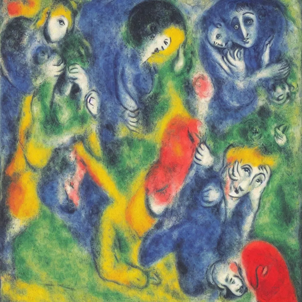 Prompt: hiding from yourself by Marc Chagall, bright tones