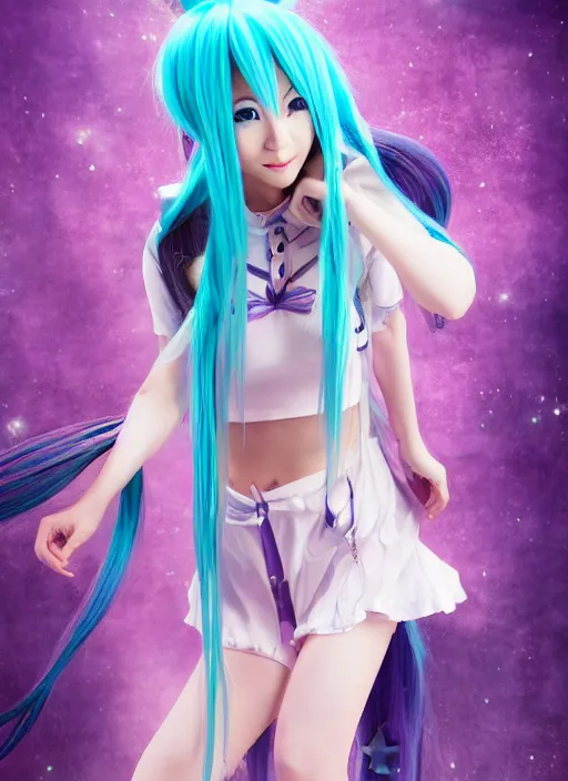 Image similar to Cute beautiful Asian cosplay girl with long blue hair and tempting eyes cosplaing Hatsune miku, full length shot, shining, 8k, HQ, sharp focus, IMAX quality, illustration, by artgerm