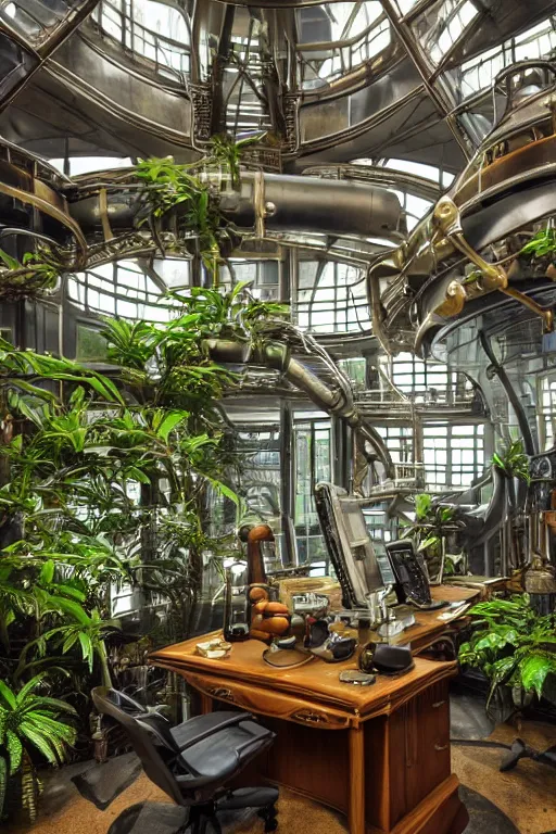 Prompt: a futuristic steampunk science office, inside a building built in the middle of a lush tropical rainforest, steampunk furniture and computers, lush forest outside of the window, cinematic back lit lighting, realistic, detailed, canon 50mm lens,