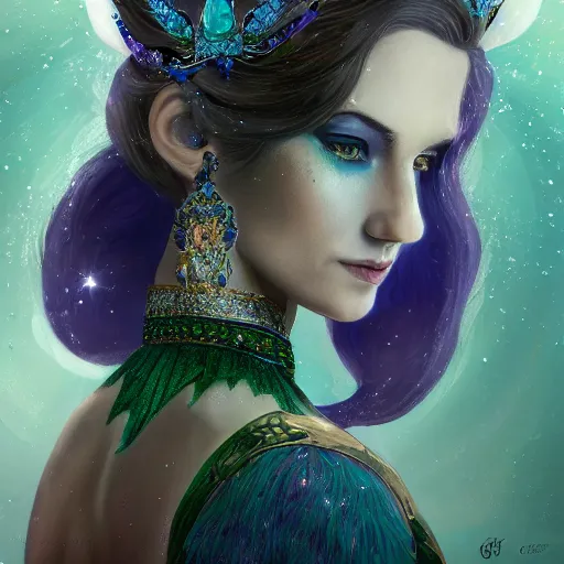 Prompt: detailed portrait of a fairy queen with wings wearing a silk robe, crown, pixie, iris, realism, emerald, galaxy, sapphire,blonde hair going down to the floor, moonlit, wearing a bejeweled mask, dark fantasy, dramatic lighting, cgsociety, artstation