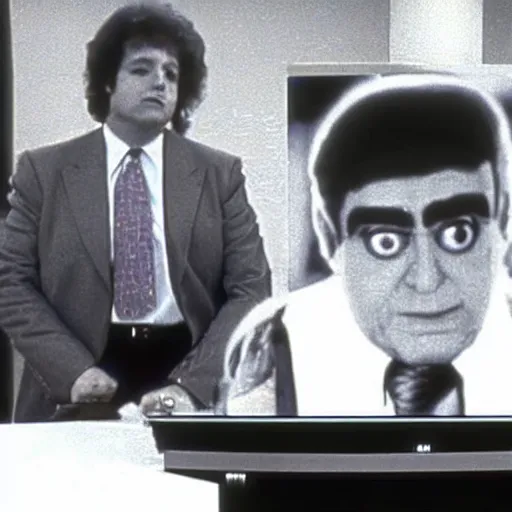 Prompt: 1985 Stewart Pankin as Bob Charles dressed in a red suit and necktie sitting at a news desk, videotape still from 1985