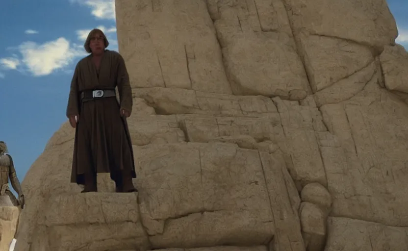 Image similar to screenshot of low angle wide shot of Luke skywalker, played by mark hammill,looking up to a large stone sculpture of an ancient Jedi master in robe, looming in the sky outside the rocky Jedi Temple, a female sith lord in white approaches with a lightsaber, scene from The Lost Jedi Star Wars film made in 1980, directed by Stanley Kubrick, serene, iconic scene, hazy atmosphere, stunning cinematography, hyper-detailed, sharp, anamorphic lenses, kodak color film, 4k
