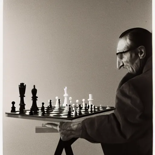 Image similar to filmstill of Marcel Duchamp playing chess against a futuristic machine, long exposure, minimal composition, packshot, archival pigment print