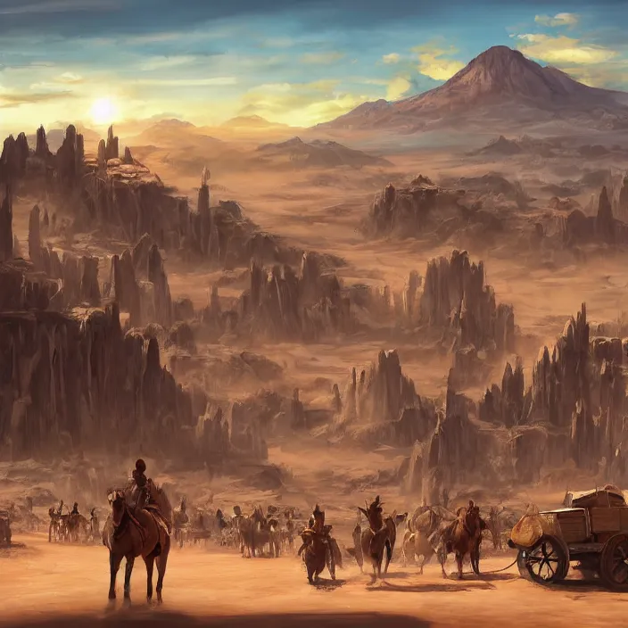 Image similar to populated old western style city bustling with people in the middle of a sandy flat desert with a single mountain on the very distant horizon. magic the gathering art, digital media