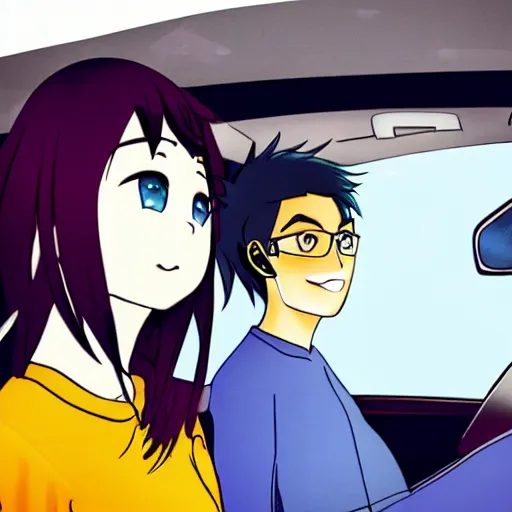 Prompt: two people sitting next to each other in a car, camera view shot from low inside the door of the car, anime style