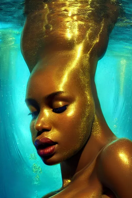 Image similar to hyperrealistic precisionist cinematic half underwater scene very expressive! translucent elegant african goddess full body, gold jewerly, highly detailed face, digital art masterpiece, aykut aydogdu eric zener, dramatic volumetric light, long shot, low angle uhd 8 k, sharp focus