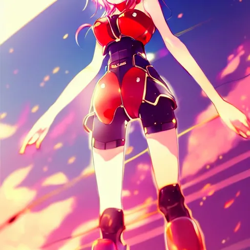 Image similar to digital anime art, wlop, rossdraws, sakimimichan, very small cute girl standing on a large table, red mech arms and red mech legs,