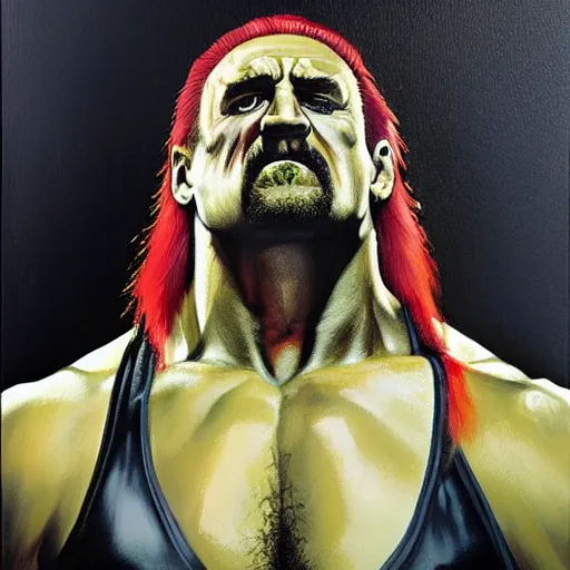 Image similar to wrestler hulk hogan, photorealistic, ring of fire, painted by phil hale