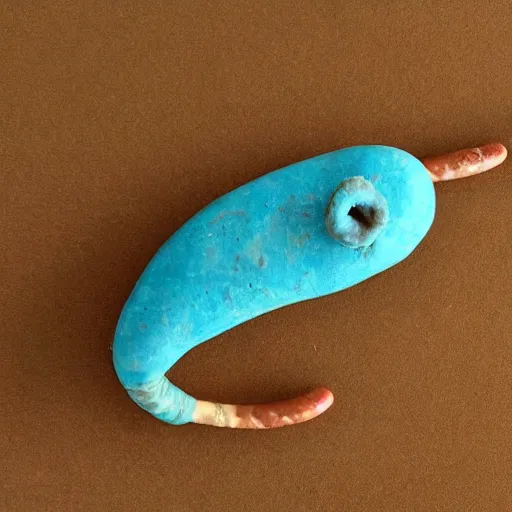 Prompt: a small turquoise sausage - shaped creature with two elongated sticks from its body