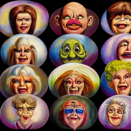 Image similar to beautiful lifelike painting of my name is grandma personas and i will not settle for these poorly made muffins, hyperreal detailed facial features and uv lighting, art by ed roth and basil wolverton