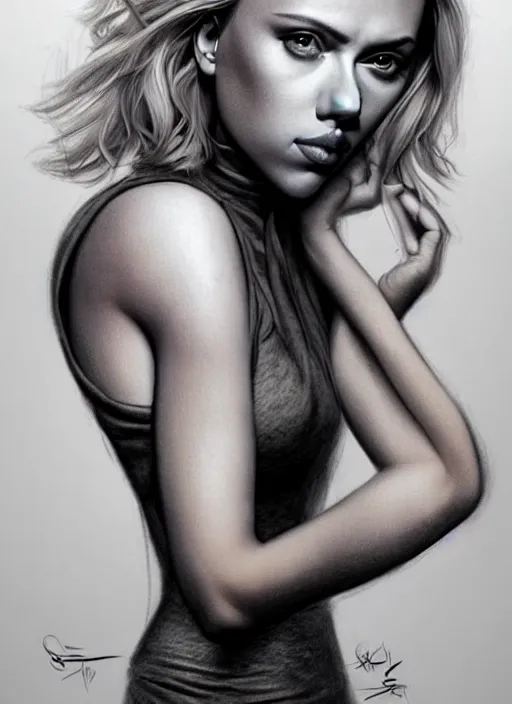 Prompt: full body gorgeous Scarlett Johansson, realistic character concept, arm tattoo sleeves, full body pose, autumn, makeup, shorter neck, illustration, symmetrical eyes and body, cinematic lighting, detailed realistic symmetrical eyes, artgerm, Joshua Middleton, single face, insanely detailed and intricate, beautiful