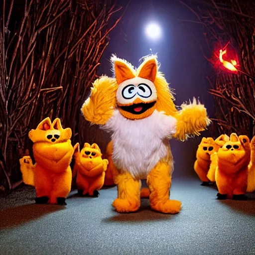 Prompt: a large fox furby muppet holding a lit torch and herding a bunch of random muppet animals following behind through a dark felt forest at night, sesame street, photograph, photography, ultrarealistic, national geographic