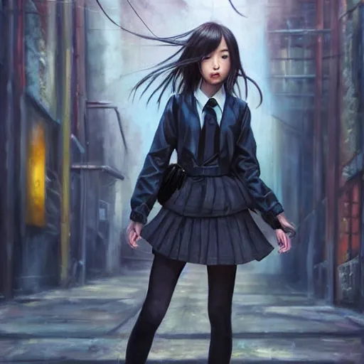 Image similar to a perfect, beutiful, realistic professional oil painting of a Japanese schoolgirl posing in a dystopian alleyway, style of Marvel, full length, by a professional American senior artist on ArtStation, a high-quality hollywood-style concept