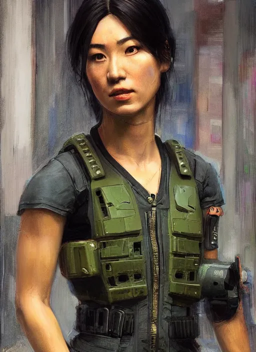 Image similar to Nikki tanaka. beautiful cyberpunk female USN marine wearing a military vest and brightly colored jumpsuit (cyberpunk 2077, bladerunner 2049). gorgeous face. Iranian orientalist portrait by john william waterhouse and Edwin Longsden Long and Theodore Ralli and Nasreddine Dinet, oil on canvas. Cinematic, hyper realism, realistic proportions, dramatic lighting, high detail 4k