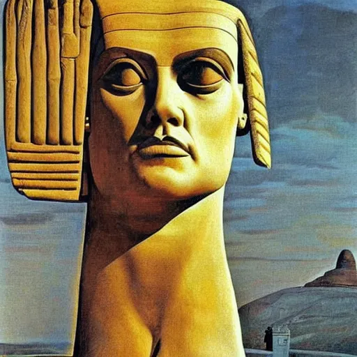 Image similar to john cleese as the sphinx, the sphinx with the head of john cleese, young john cleese's head on the sphinx, painting by salvador dali