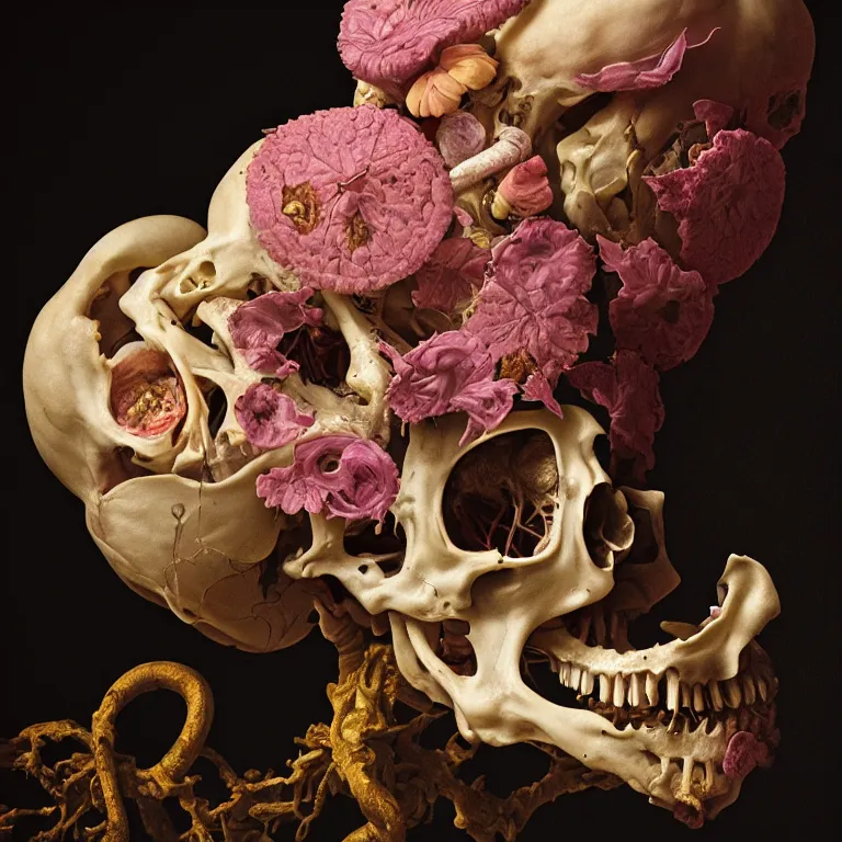 Image similar to still life of rotten flesh, beautiful pastel flowers, human spine, colorful mold, baroque painting, beautiful detailed intricate insanely detailed octane render, 8K artistic photography, photorealistic, chiaroscuro, Raphael, Caravaggio