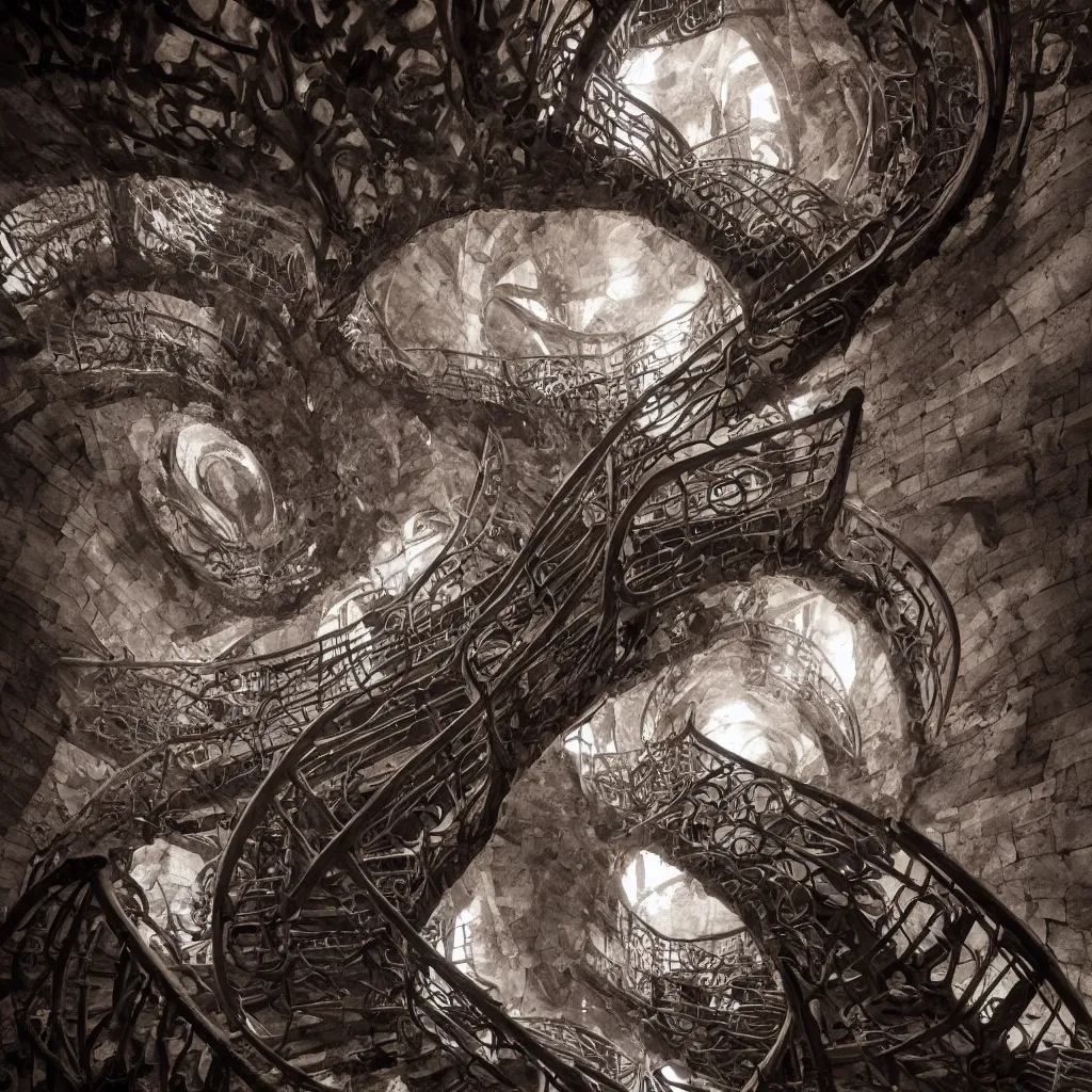 Image similar to , grand spiral stairs going down deep in a dark hole, many doors, by antoni gaudi and greg rutkowski, dramatic volumetric cinematic light, chiaroscuro, cinematic, hyperrealist, high detailed