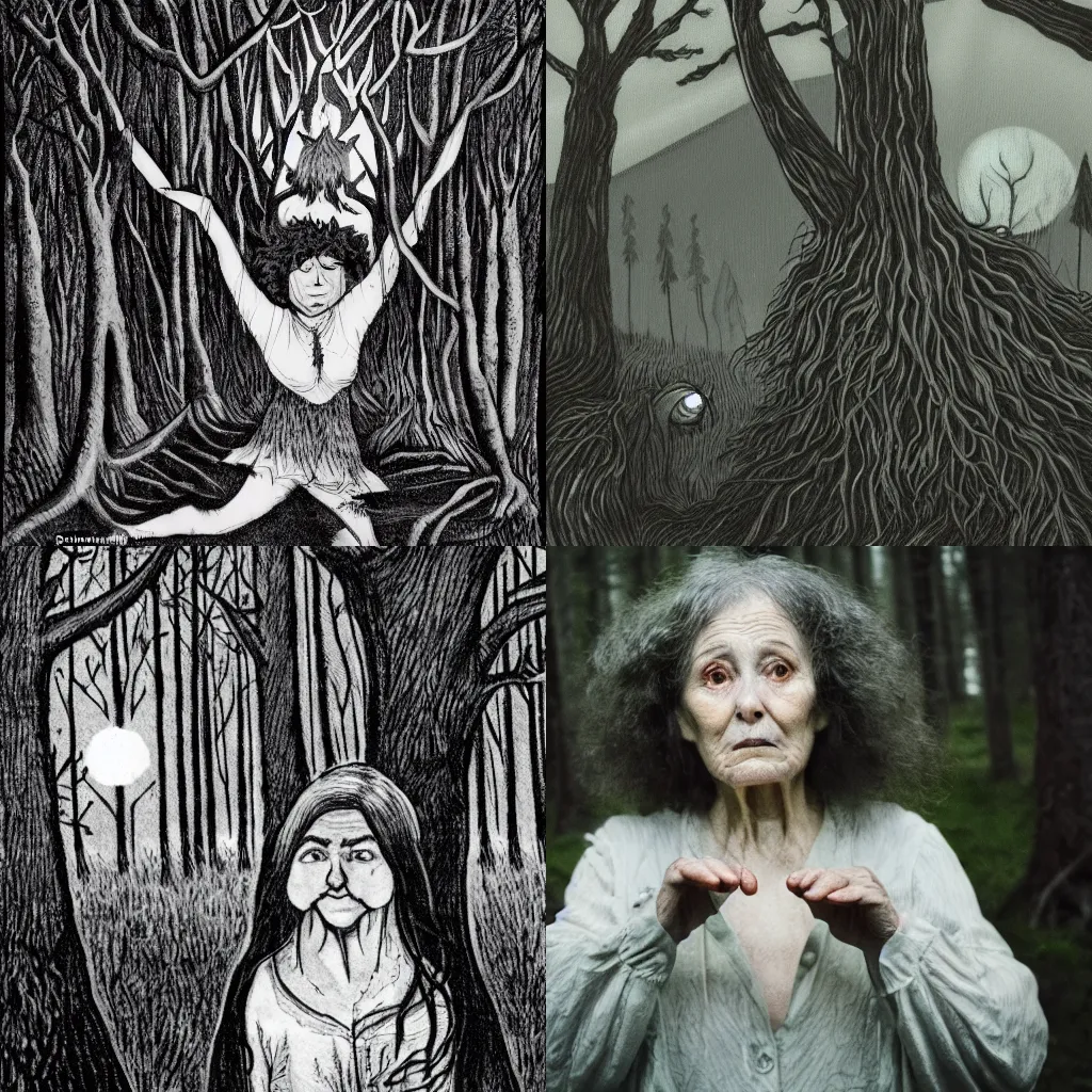 Prompt: a dark forest lit by moonlight, an old woman with sunken eyes and frizzy hair reaches out with claws