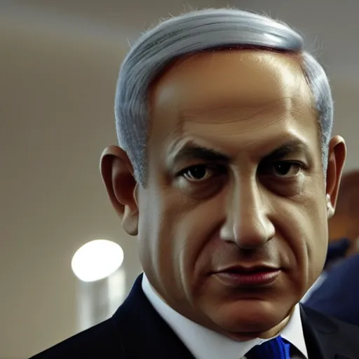 Image similar to fish eye lens photo of benjamin netanyahu looking at the camera curiously