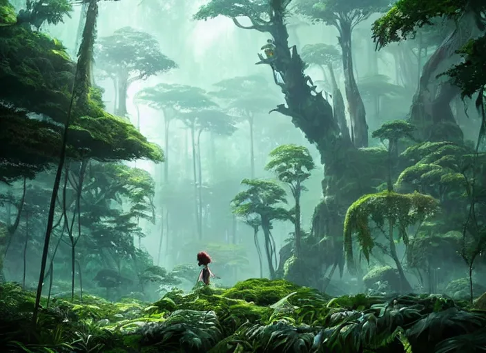 Prompt: this jungle is being overtaken by frozen tundra, studio ghibli, pixar and disney animation, sharp, rendered in unreal engine 5, anime key art by greg rutkowski, bloom, dramatic lighting