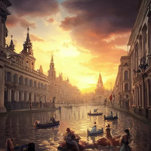 Image similar to magnificent baroque city floating in air, beautiful, surreal, highly detailed, sharp focus, sunset, by artgerm, cgsociety