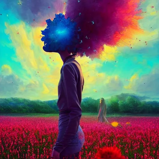 Prompt: girl with an exploding blooming flower for a head, surreal photography, dream, standing in flower field, magical, in a valley, sunrise dramatic light, impressionist painting, colorful clouds, artstation, simon stalenhag, blooming flower face