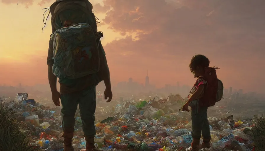 Image similar to poor detailed child with backpack looking for food at garbage dump, city is pure wasteland, sunset in background, greg rutkowski, alphonse mucha, trending on artstation, artgerm, breathtaking, award winning, highly detailed 4 k art