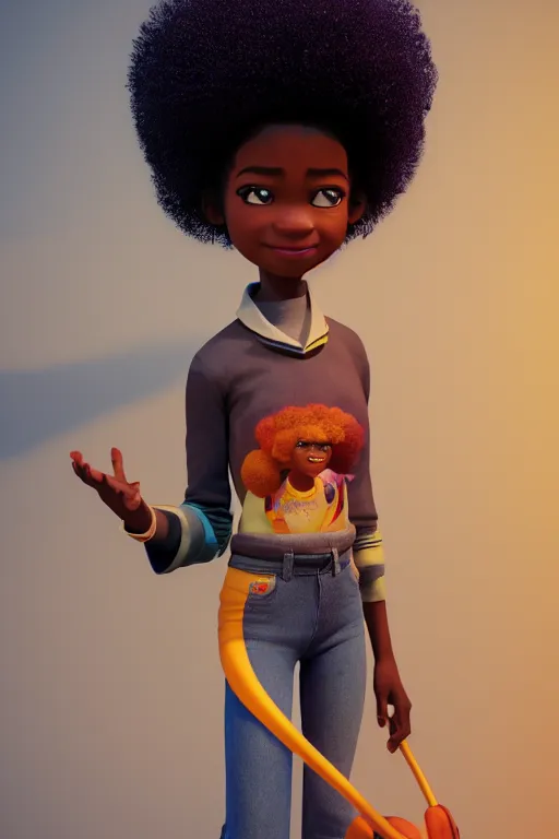 Prompt: a centered render of a super cool afro girl from the seventies wearing flares, by dreamworks, by pixar, by viktoria gavrilenko, by leticia gillett, octane render, perfect face, 3 d, 8 k