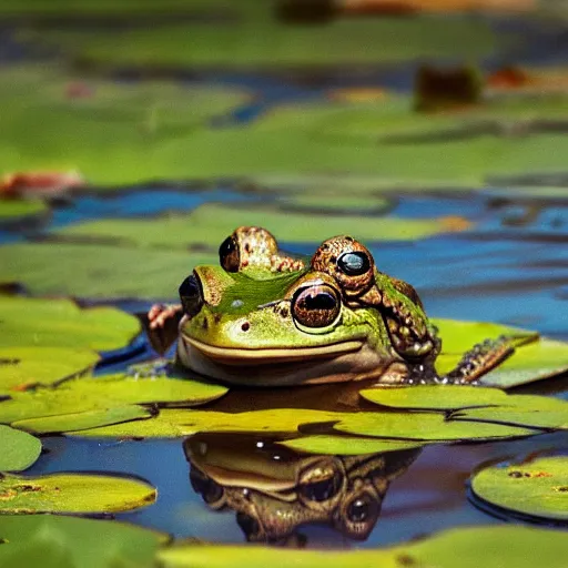 Image similar to close - up of a smiling frog in the pond with water lilies, medieval castle on background, shallow depth of field, highly detailed, ominous, digital art, masterpiece, matte painting, sharp focus, matte painting, by isaac levitan, monet, asher brown durand,