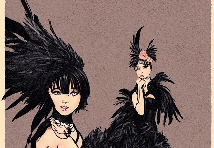 Image similar to beautiful little girl with a short black haircut wearing a dress made of black feathers, artwork in western comic art style, anatomically perfect