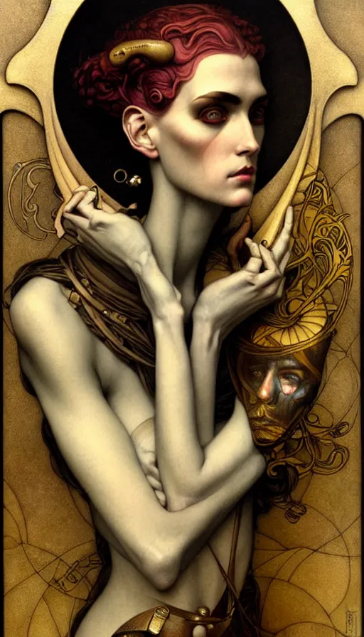 Prompt: M. C. Escher looking puzzled painted by tom bagshaw, mobius, mucha M. C. Escher, gold paint, ink, gnarly details