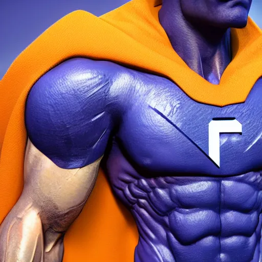 Image similar to muscular hero wearing a cobalt cape with a powershell logo on chest, skin texture, clothing, 3d sculpture, textured, fine detail, lifelike, photo, high resolution, octane render, post processing, after effects, trending on artstation