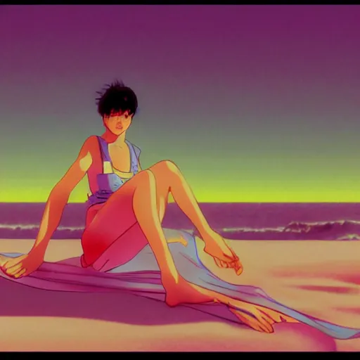 Image similar to girl laying in the sand next to ocean in sunset, sprite, vaporwave nostalgia, directed by beat takeshi, visual novel cg, 8 0 s anime vibe, kimagure orange road, maison ikkoku, initial d, sketch by osamu tezuka, directed by hideki anno, wallpaper, ultra hd, vlc screenshot