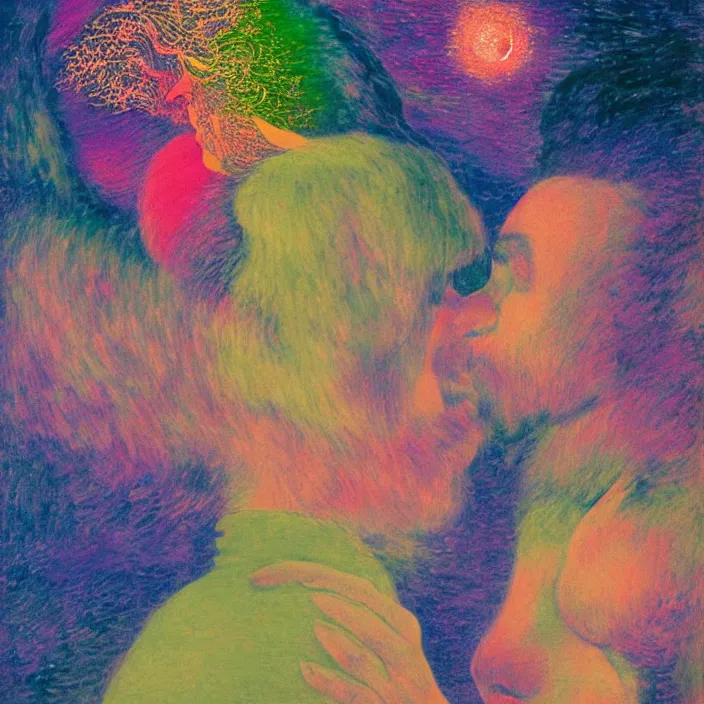 Prompt: close portrait of woman and man kissing. aurora borealis. iridescent, vivid psychedelic colors. painting by arcimboldo, agnes pelton, utamaro, monet