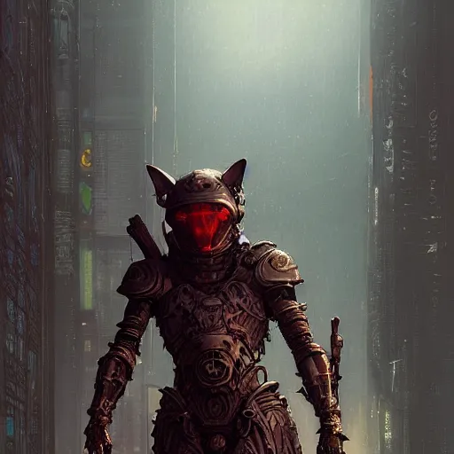 Prompt: digital painting detailed fantastical cyberpunk armor with cat shaped helmet, craig mullins, vallejo, moebius, ian miller, wayne barlowe, greg rutkowski, mucha, brian froud, cinematic, full shot, symmetric