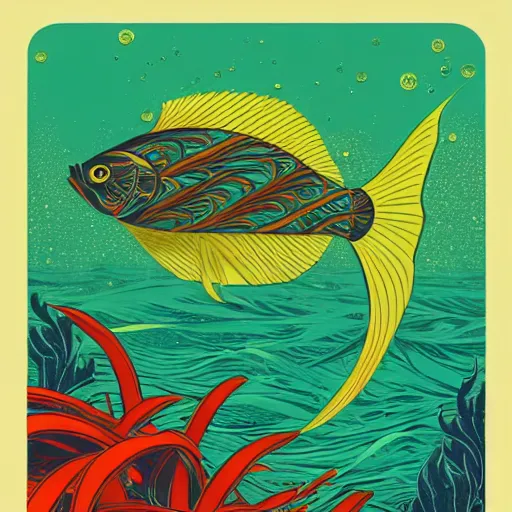 Prompt: a single highly stylized fish in the ocean, viewed in profile, closeup, seaweed, sparkles, artstation, intricate, highly detailed, digital painting, concept art, sharp focus, illustration by tom whalen and charles williams and kilian eng and james jean