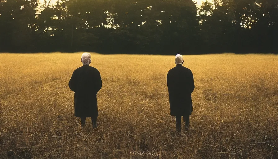 Image similar to cinematic movie still of an old man in a northwest new jersey in field, cinestill 8 0 0 t 3 5 mm eastmancolor, heavy grain, high quality, high detail, golden hour, warm light