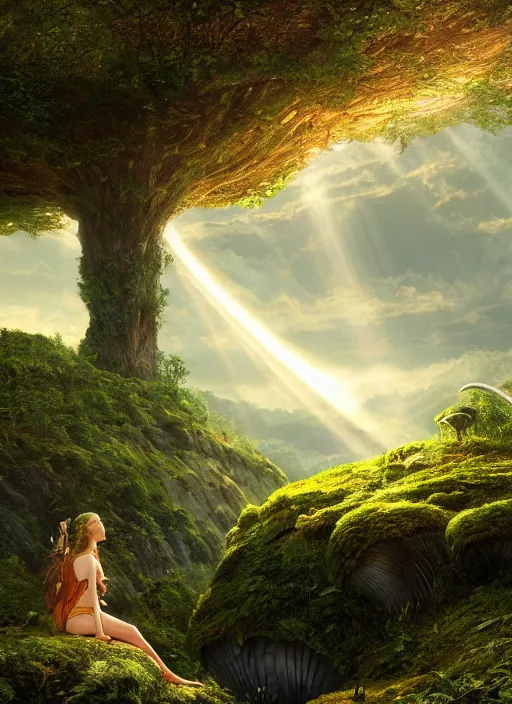 Image similar to an elegant fairy sitting and looking out at a lord of the rings scenery landscape, vast lush valley flowers and giant mushroom structures, stream, sunrise, god's rays highly detailed, vivid color, cinematic lighting, perfect composition, 8 k, gustave dore, derek zabrocki, greg rutkowski, belsinski, octane render