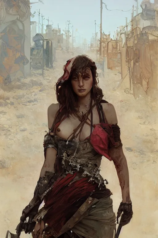 Image similar to a full body portrait of a beautiful post apocalyptic offworld butchers district bedouin blind pulp fiction scarlet wild rogue barbarian leper begging by the roadside, intricate, elegant, highly detailed, digital painting, artstation, concept art, smooth, sharp focus, illustration, art by krenz cushart and artem demura and alphonse mucha