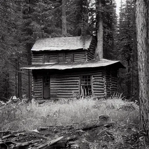Prompt: a photo of a Eerie cabin in the middle of the woods photographed by Ansel Adams